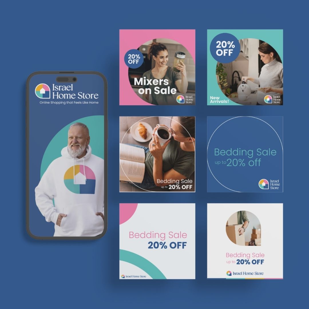 Israel Home Store social templates: a phone story with a man in the branded hoodie, and six sale and new-arrival posts in pink, teal and navy